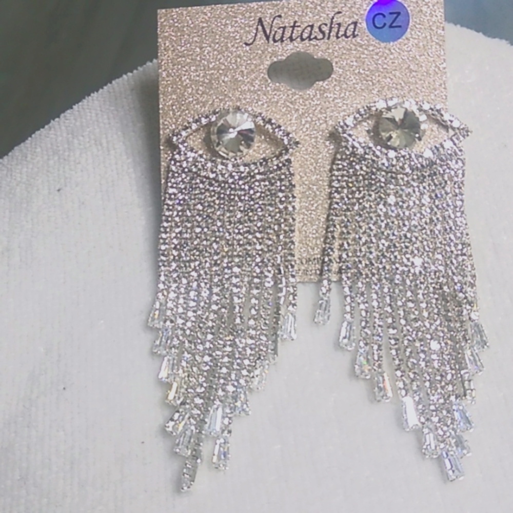 Natasha Silver CZ Evil Eye Chandelier Earrings. 3.5 inches long